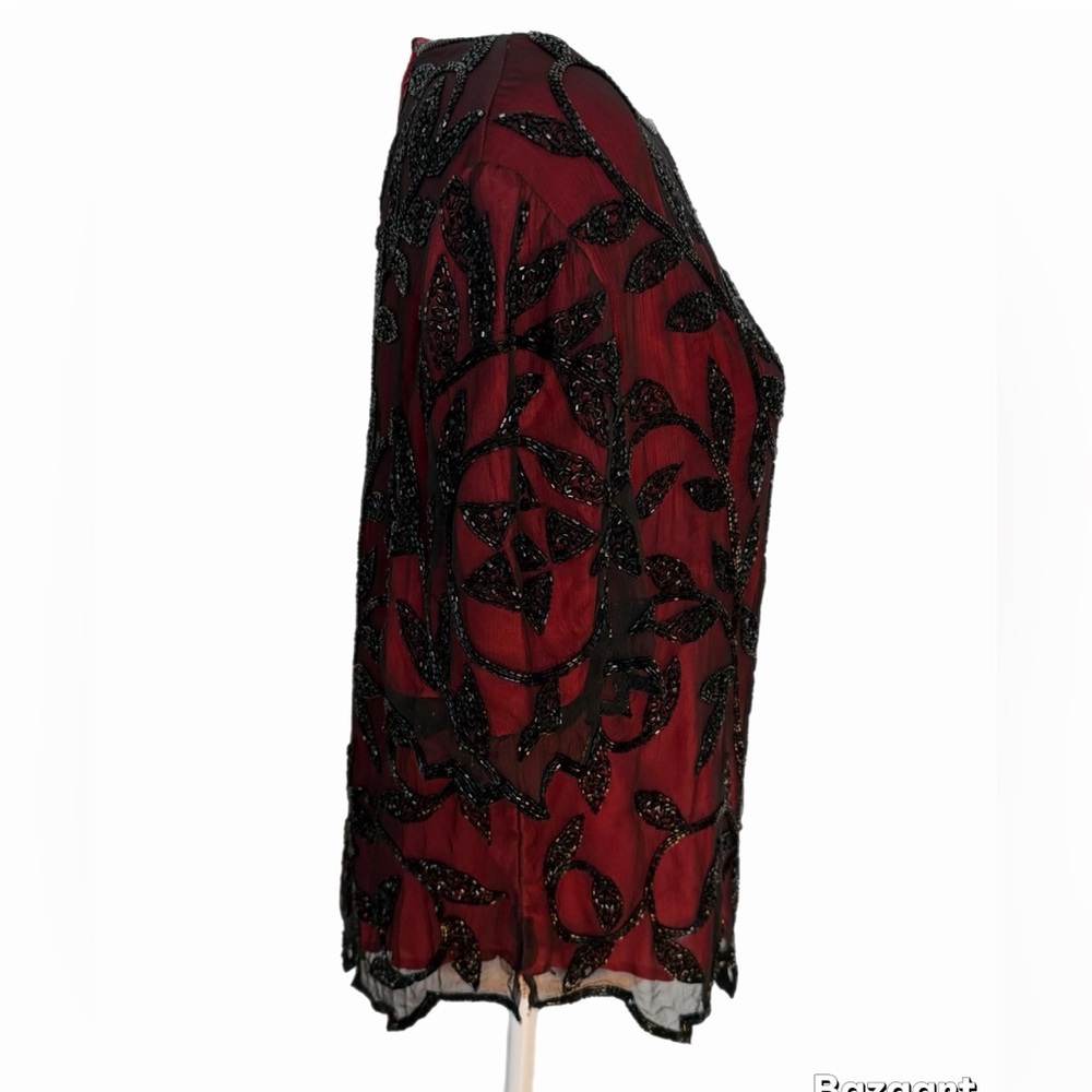 100% Silk Red Sheer Blouse Black Beaded Floral Top Scalloped Hem Elegant Large - Picture 3 of 6